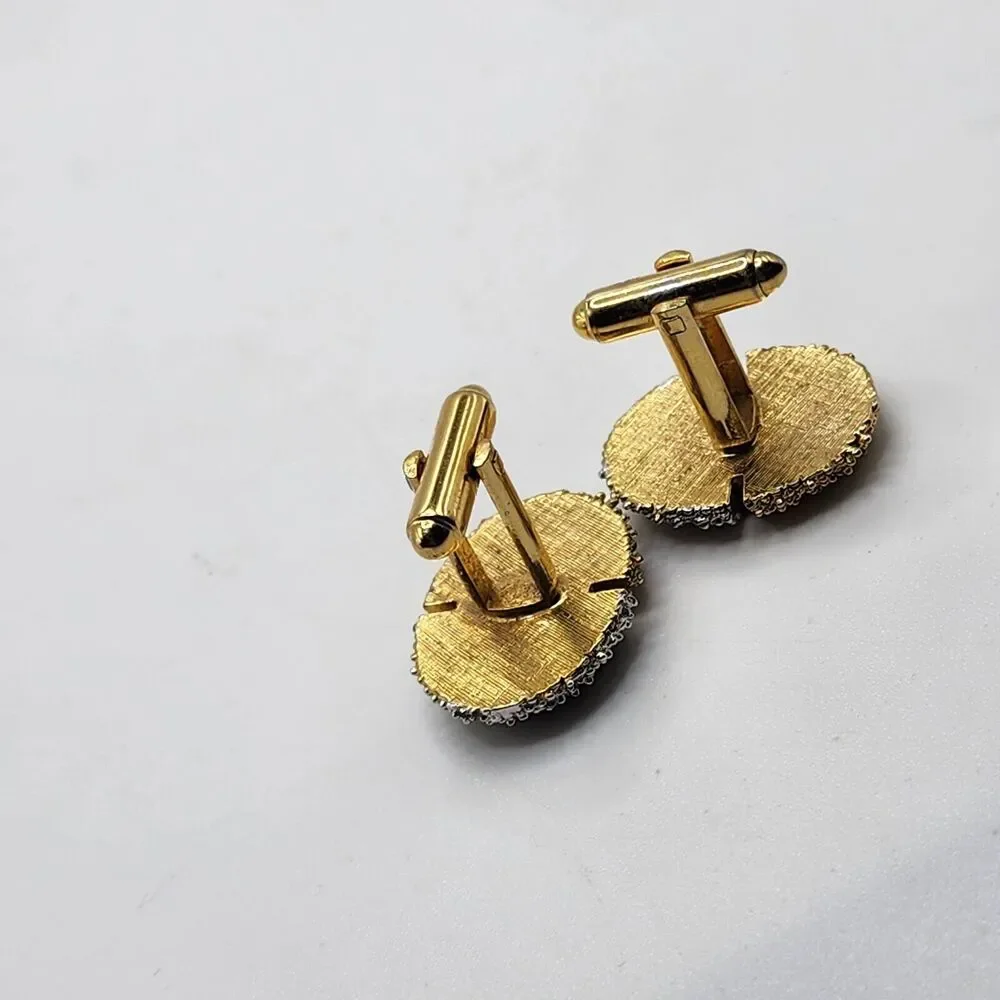 Vintage Cufflinks DANTE Cuff Links Black Onyx Stone Silver & Gold Two Tone Oval